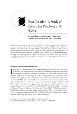 Data Curation: a Study of Researcher Practices and Needs