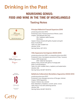 Drinking in the Past NOURISHING GENIUS: FOOD and WINE in the TIME of MICHELANGELO Tasting Notes