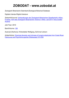 Chemical Diversity and Richness of Fungal Endophytes from Costa Rican Palicourea and Psychotria Species (Rubiaceae) 215-230 Acta Zoobot Austria 156, 2019, 215–230