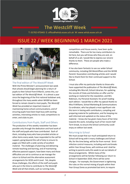 The Westcliff Week ISSUE 22 / WEEK BEGINNING 1 MARCH 2021 The