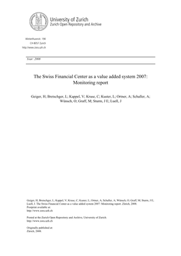 The Swiss Financial Center As a Value Added System 2007: Monitoring Report