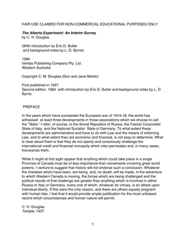 The Alberta Experiment by CH Douglas-Introd and Notes