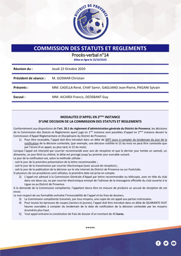 COMMISSION DES STATUTS ET REGLEMENTS Procès-Verbal N°14 (Mise En Ligne Le 23/10/2020)