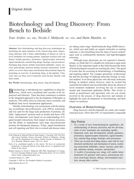 Biotechnology and Drug Discovery: from Bench to Bedside