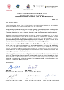 Joint Letter from the Foreign Ministers of the Nordic Countries (Denmark, Finland, Iceland, Norway and Sweden) to the Secretary General of the Council of Europe, Ms