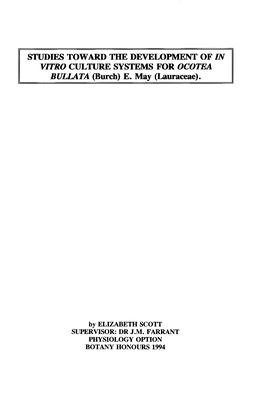 STUDIES TOWARD the DEVELOPMENT of in VITRO CULTURE SYSTEMS for OCOTEA I BULLATA (Burch) E