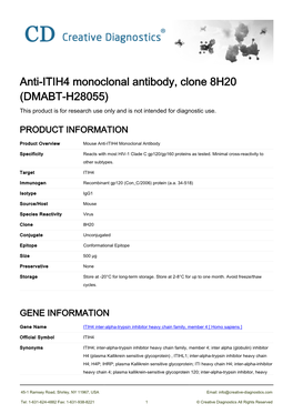 Anti-ITIH4 Monoclonal Antibody, Clone 8H20 (DMABT-H28055) This Product Is for Research Use Only and Is Not Intended for Diagnostic Use