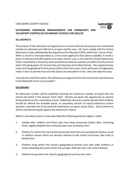 Admissions Arrangements 2021/22