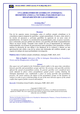 Un Laboratorio De Guerra En Antioquia: Desmitificando La Victoria Paramilitar Y La Desaparición De Las Guerrillas