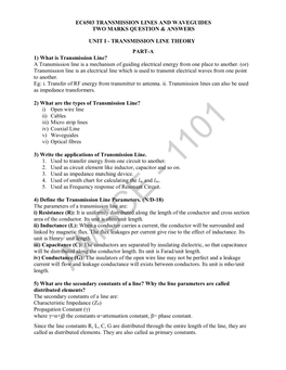 Ec6503 Transmission Lines and Waveguides Two Marks Question & Answers Unit I