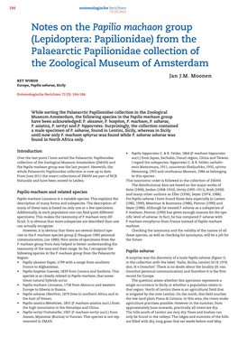 Notes on the Papilio Machaon Group (Lepidoptera: Papilionidae) from the Palaearctic Papilionidae Collection of the Zoological Museum of Amsterdam