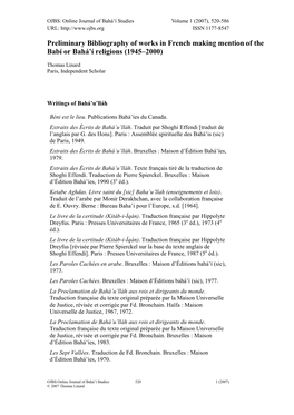 Preliminary Bibliography of Works in French Making Mention of the Babí Or Bahá’Í Religions (1945–2000)