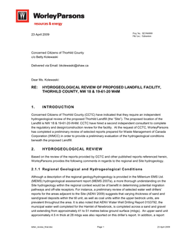 Re: Hydrogeological Review of Proposed Landfill Facility, Thorhild County, Nw 18 & 19-61-20 W4m 1. Introduction 2. Hydrogeol