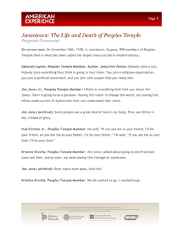 Jonestown: the Life and Death of Peoples Temple Program Transcript