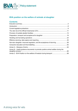 BVA Position on the Welfare of Animals at Slaughter Contents