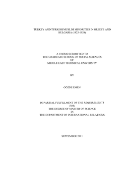 Turkey and Turkish/Muslim Minorities in Greece and Bulgaria (1923-1938)