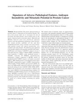 Signatures of Adverse Pathological Features, Androgen Insensitivity and Metastatic Potential in Prostate Cancer