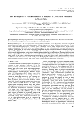 The Development of Sexual Differences in Body Size in Odonata in Relation to Mating Systems