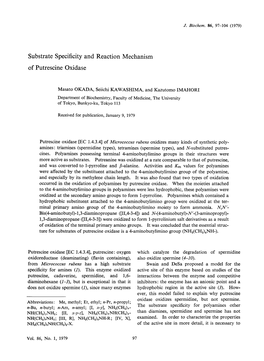 Substrate Specificity and Reaction Mechanism of Putrescine Oxidase