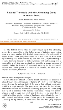 Rational Trinomials with the Alternating Group As Galois Group