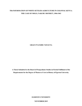 Transformation of White Settler Agriculture in Colonial Kenya: the Case of Molo, Nakuru District, 1904-1963