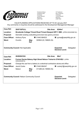 Page 1 of 8 VALID PLANNING APPLICATIONS RECEIVED up to 20 January 2021 Any Comments Or Enquiries Should Be Addressed to the Deve