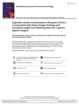 A Genetic Variant in Proximity to the Gene LYPLAL1 Is Associated with Lower Hunger Feelings and Increased Weight Loss Following Roux-En-Y Gastric Bypass Surgery