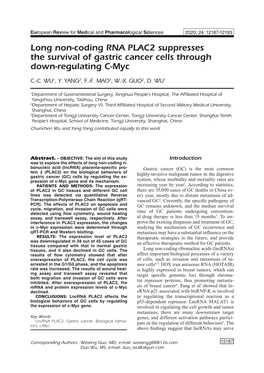 Long Non-Coding RNA PLAC2 Suppresses the Survival of Gastric Cancer Cells Through Down-Regulating C-Myc