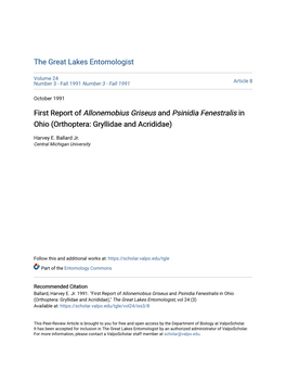 First Report of Allonemobius Griseus and Psinidia Fenestralis in Ohio (Orthoptera: Gryllidae and Acrididae)