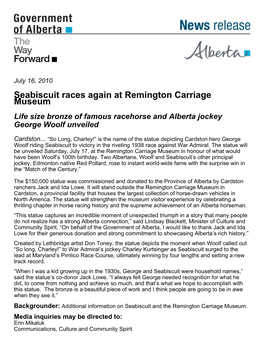 Seabiscuit Races Again at Remington Carriage Museum Life Size Bronze of Famous Racehorse and Alberta Jockey George Woolf Unveiled