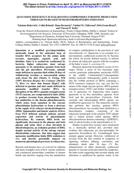 Queuosine Deficiency in Eukaryotes Compromises Tyrosine Production Through Increased Tetrahydrobiopterin Oxidation