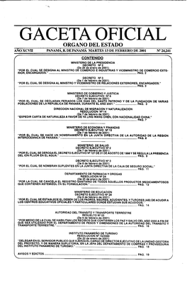 Gaceta Oficial Organo Del Estado Panama, R De Panama Martes 13 De Febrero De 2001 N” 2491