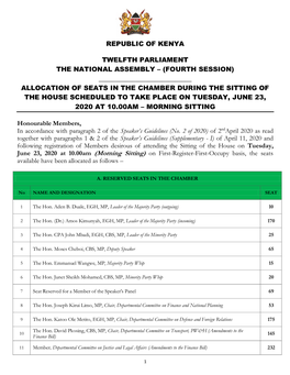 Allocation of Seats in the Chamber During the Sitting of the House Scheduled to Take Place on Tuesday, June 23, 2020 at 10.00Am – Morning Sitting