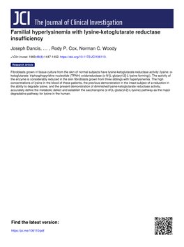 Familial Hyperlysinemia with Lysine-Ketoglutarate Reductase Insufficiency