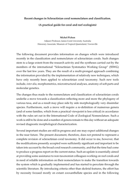 Recent Changes in Scleractinian Coral Nomenclature and Classification