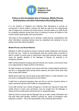 Policy on the Acceptable Use of Cameras, Mobile Phones, Smartwatches and Other Information-Recording Devices