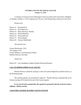 VICTORIA COUNTY MUNICIPAL COUNCIL October 21, 2019 A