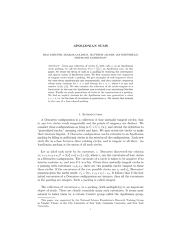 APOLLONIAN SUMS 1. Introduction a Descartes Configuration Is a Collection of Four Mutually Tangent Circles