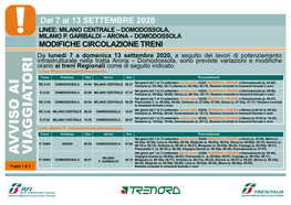 Dal 7 Al 13 SETTEMBRE 2020 LINEE: MILANO CENTRALE – DOMODOSSOLA, MILANO P