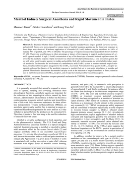 Menthol Induces Surgical Anesthesia and Rapid Movement in Fishes