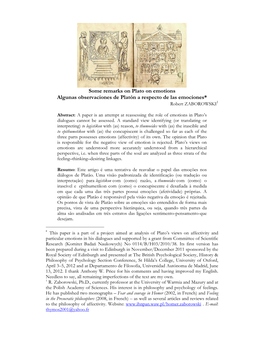 Some Remarks on Plato on Emotions Algunas Observaciones De Platón a Respecto De Las Emociones* Robert ZABOROWSKI 1