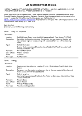 Planning Applications Received 31 January 2019 to 06 February 2019