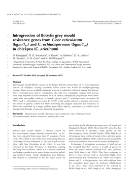 Introgression of Botrytis Grey Mould Resistance Genes from Cicer Reticulatum (Bgmr1cr) and C. Echinospermum (Bgmr1 to Chickpea (