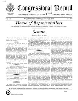 Congressional Record United States Th of America PROCEEDINGS and DEBATES of the 113 CONGRESS, FIRST SESSION