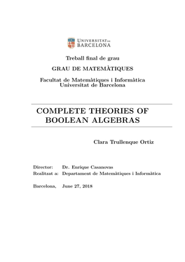 Complete Theories of Boolean Algebras