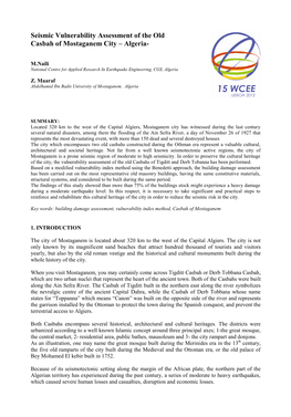 Seismic Vulnerability Assessment of the Old Oldexisting Casbah of Mostaganem City – Algeria