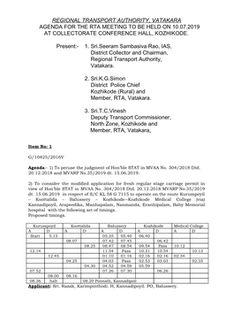 Regional Transport Authority, Vatakara Agenda for the Rta Meeting to Be Held on 10.07.2019 at Collectorate Conference Hall, Kozhikode