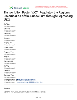 Transcription Factor VAX1 Regulates the Regional Speci Cation of The