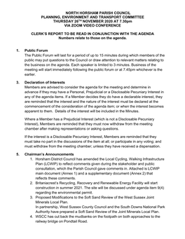 NORTH HORSHAM PARISH COUNCIL PLANNING, ENVIRONMENT and TRANSPORT COMMITTEE THURSDAY 26TH NOVEMBER 2020 at 7.30Pm VIA ZOOM VIDEO CONFERENCE