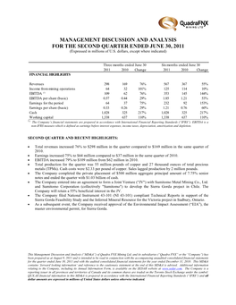 MANAGEMENT DISCUSSION and ANALYSIS for the SECOND QUARTER ENDED JUNE 30, 2011 (Expressed in Millions of U.S